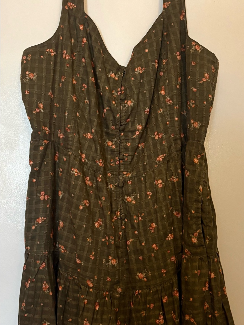 American Eagle Outfitters Olive Green Floral Button-Front romper